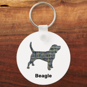 Beagle Hound Dog Silhouette Yellow & White Grid Keychain
