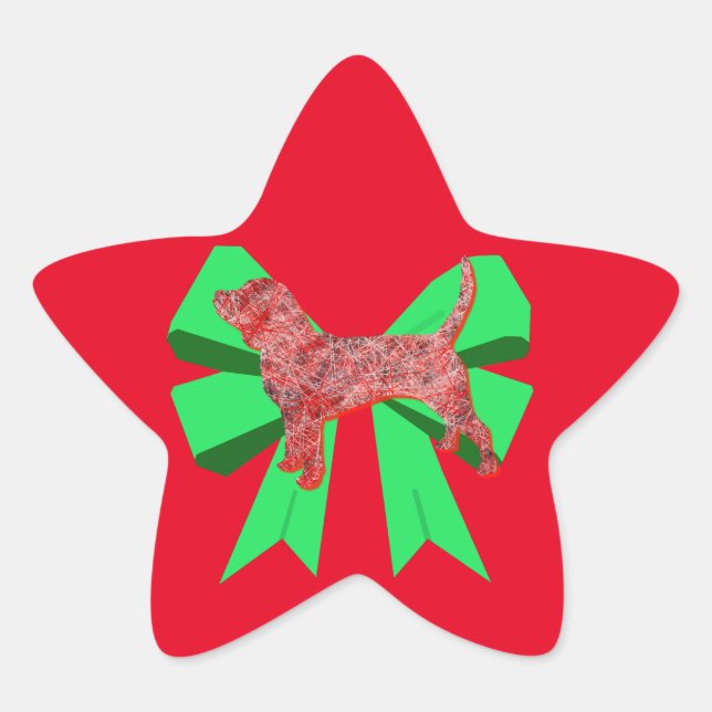 Beagle Hound Red Dog & Green Bow Christmas Star Sticker (Front)