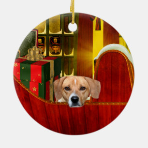 Beagle in a Christmas sleigh Ceramic Ornament