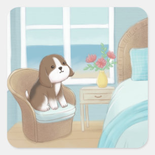 Beagle in Bedroom Illustration Square Sticker