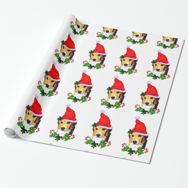 Beagle In Santa Hat Christmas Wrapping Paper (Unrolled)