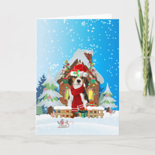 Beagle in snow with Christmas gifts Card