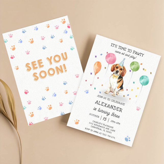 Beagle Lets Pawty Dog Puppy Birthday Blue  Invitation (Creator Uploaded)