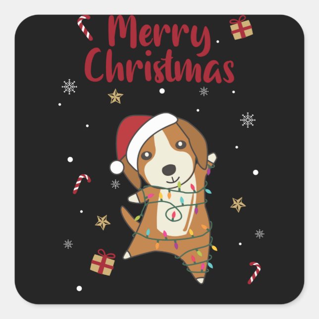 Beagle Merry Christmas Winter Animals Dog Square Sticker (Front)
