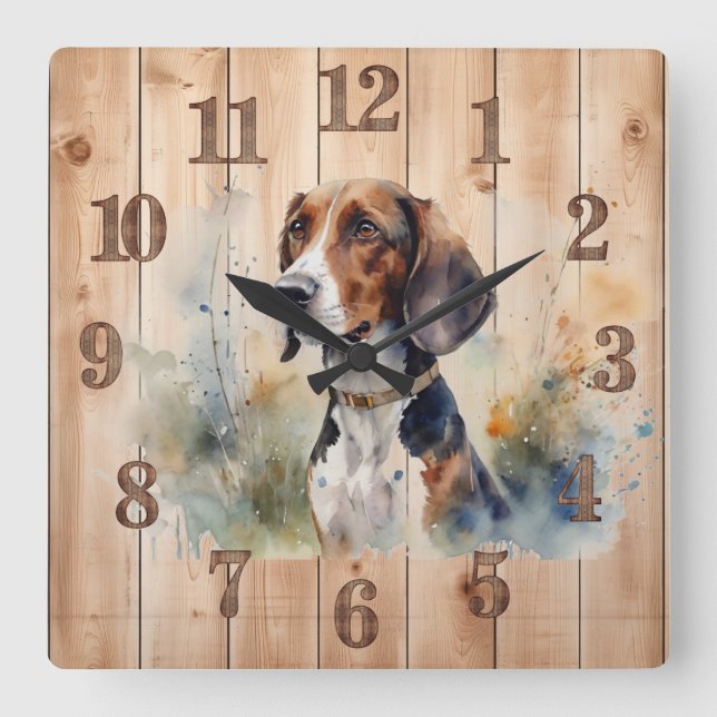 Beagle or Foxhound Hunting Dog Wood Look  Square Wall Clock (Front)