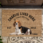 Beagle Personalized Dog Lover Doormat<br><div class="desc">Beagle Personalized Dog lover welcome doormat. This welcome mat can be personalized with your dog’s name, the slogan can also be changed or you could use a picture of your own dog (make sure it's transparent). Text reads: Charlie lives here…. All treats welcome Edit the design to change font, colours...</div>