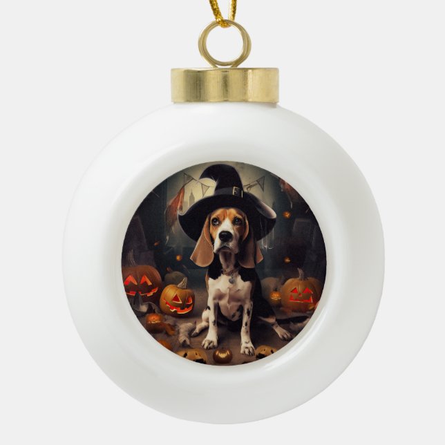 Beagle Pumpkins Halloween Scary Ceramic Ball Christmas Ornament (Front)