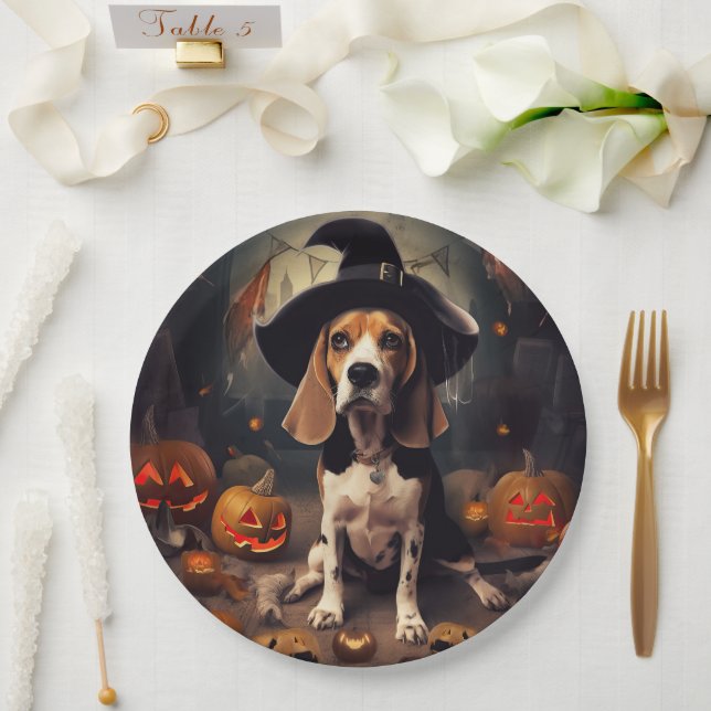 Beagle Pumpkins Halloween Scary Paper Plate (Wedding)