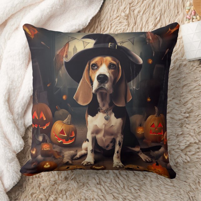 Beagle Pumpkins Halloween Scary Throw Pillow (Blanket)