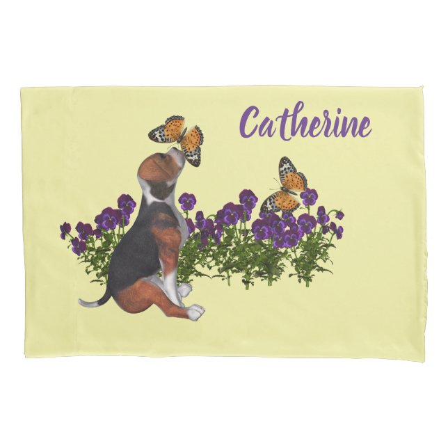 Beagle Puppy And Butterflies Personalized Animal  Pillowcase (Front)