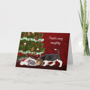 Beagle puppy and naughty kitty Christmas Holiday Card