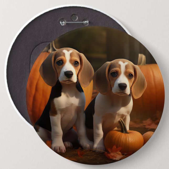 Beagle Puppy Autumn Delight Pumpkin  6 Inch Round Button (Front & Back)