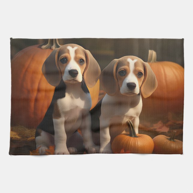 Beagle Puppy Autumn Delight Pumpkin  Kitchen Towel (Horizontal)