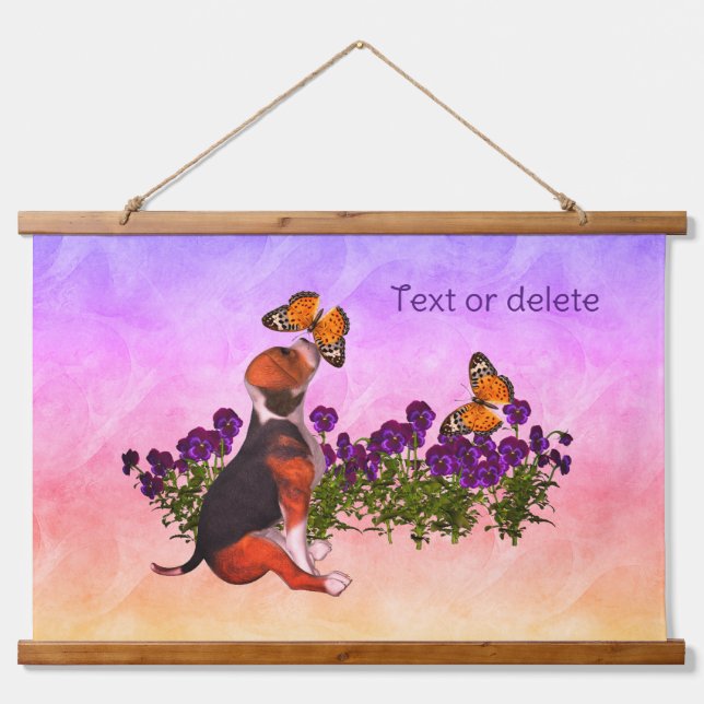 Beagle Puppy Butterflies And Flowers Personalized Hanging Tapestry (Front)