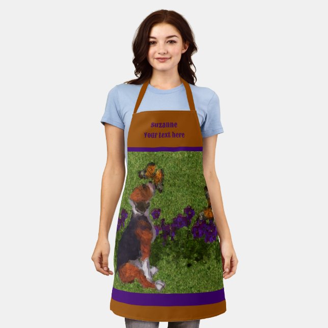 Beagle Puppy Butterflies Dog Art Personalized Apron (Worn)