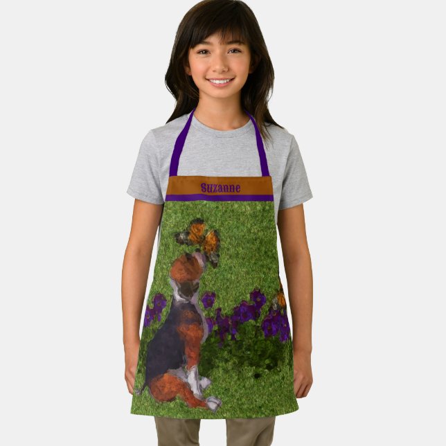 Beagle Puppy Butterflies Dog Art Personalized Apron (Insitu)