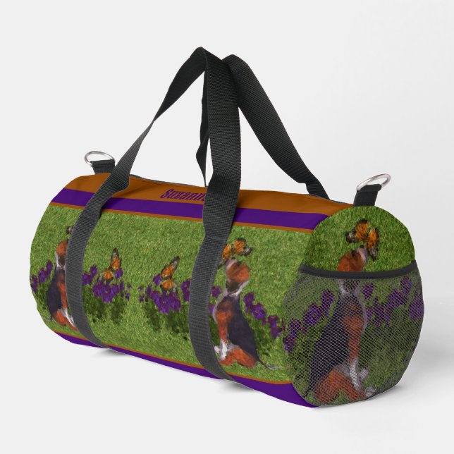 Beagle Puppy Butterflies Dog Art Personalized Duffle Bag (Right Corner)