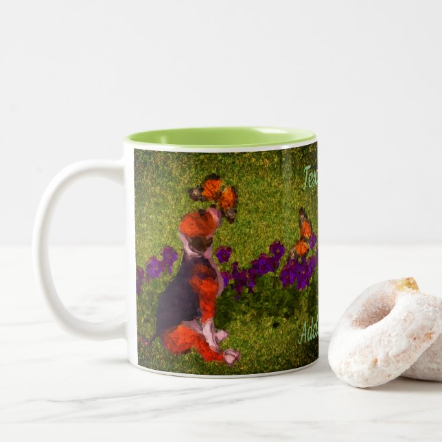 Beagle Puppy Butterflies Dog Art Personalized Two-Tone Coffee Mug (With Donut)