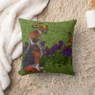 Beagle Puppy Butterflies Flowers Dog Art Throw Pillow