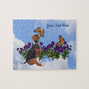 Beagle Puppy Butterflies Flowers Personalized Jigsaw Puzzle