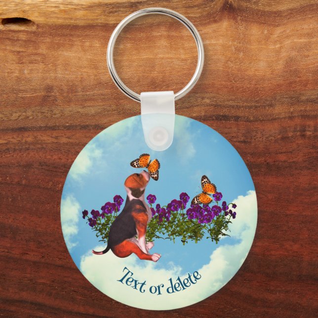 Beagle Puppy Butterflies Flowers Personalized Keychain (Front)
