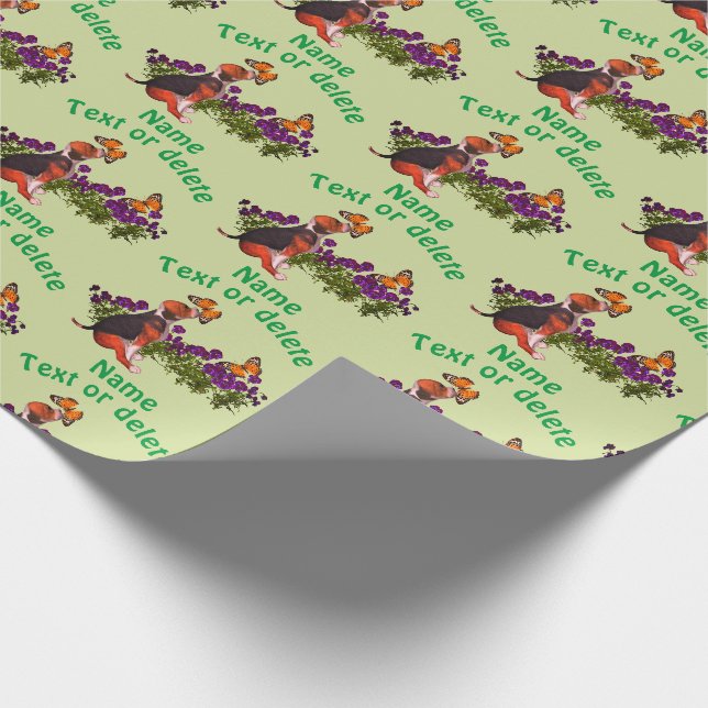 Beagle Puppy Butterflies Flowers Personalized Wrapping Paper (Corner)