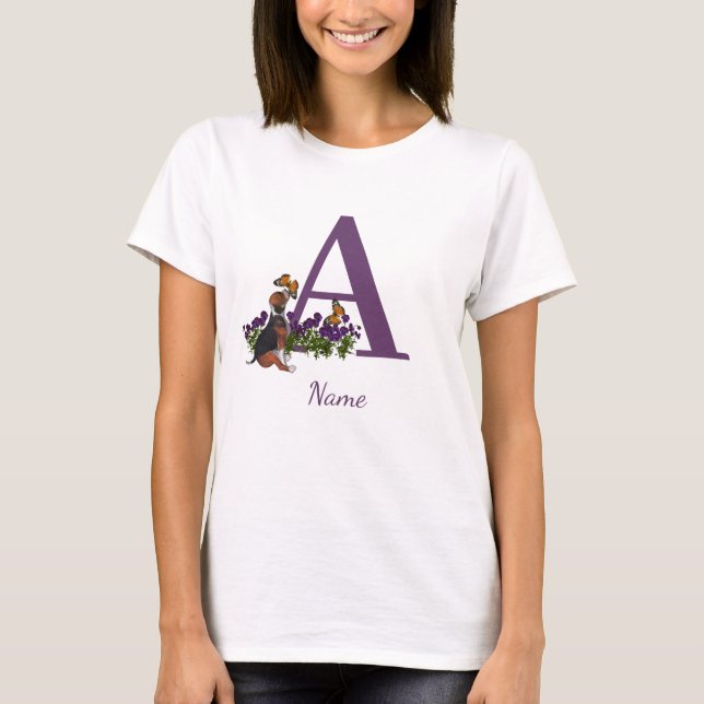 Beagle Puppy Butterflies Monogram Initial A Name   T-Shirt (Front)