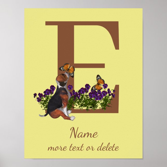 Beagle Puppy Butterflies Monogram Initial E Name  Poster (Front)