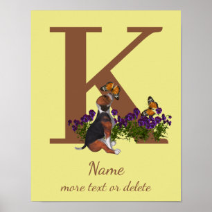 Beagle Puppy Butterflies Monogram Initial K Name Poster