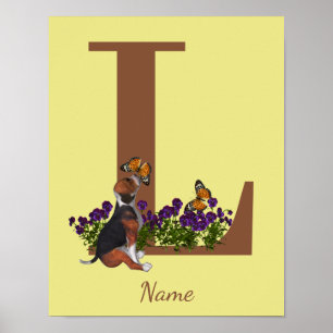 Beagle Puppy Butterflies Monogram Initial L Name Poster