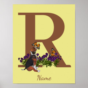 Beagle Puppy Butterflies Monogram Initial R Name  Poster