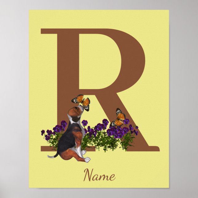 Beagle Puppy Butterflies Monogram Initial R Name  Poster (Front)