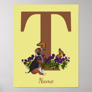 Beagle Puppy Butterflies Monogram Initial T Name Poster