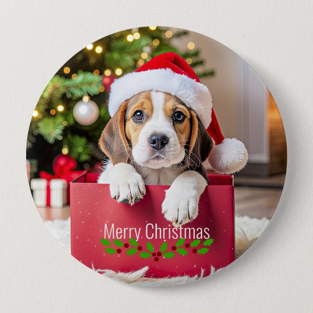 Beagle Puppy Christmas Design, 4 Inch Round Button (Front)
