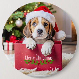 Beagle Puppy Christmas Design, 6 Inch Round Button