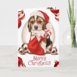 Beagle Puppy Christmas Holiday Card<br><div class="desc">Cute beagle puppy with Christmas stocking,  Santa hat,  and Christmas tree ornements,  painted by artist Maryline Cazenave</div>