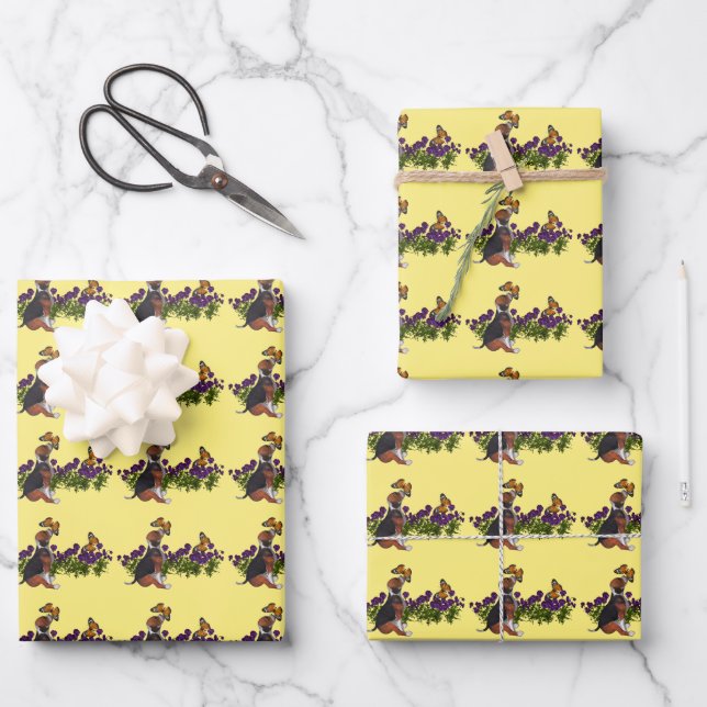 Beagle Puppy Dog And Butterflies Animal  Wrapping Paper Sheet (Front)
