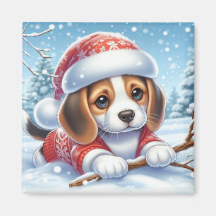 Beagle Puppy in Christmas Outfit Enjoying The Snow Magnet