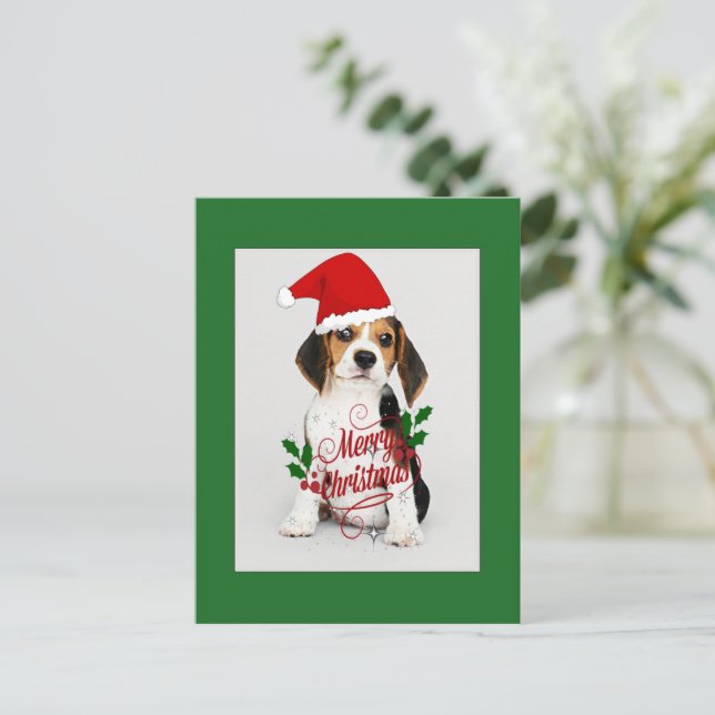 Beagle Puppy in Santa Hat - Merry Christmas Postcard (Standing Front)
