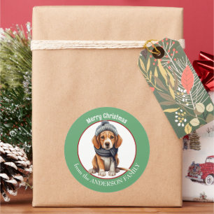 Beagle Puppy in Winter Scarf and Hat Christmas Classic Round Sticker
