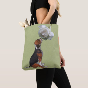 Beagle Puppy Smelling White Rose Tote Bag
