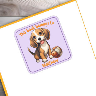 Beagle Puppy "This Book Belongs" Bookplate Square Sticker