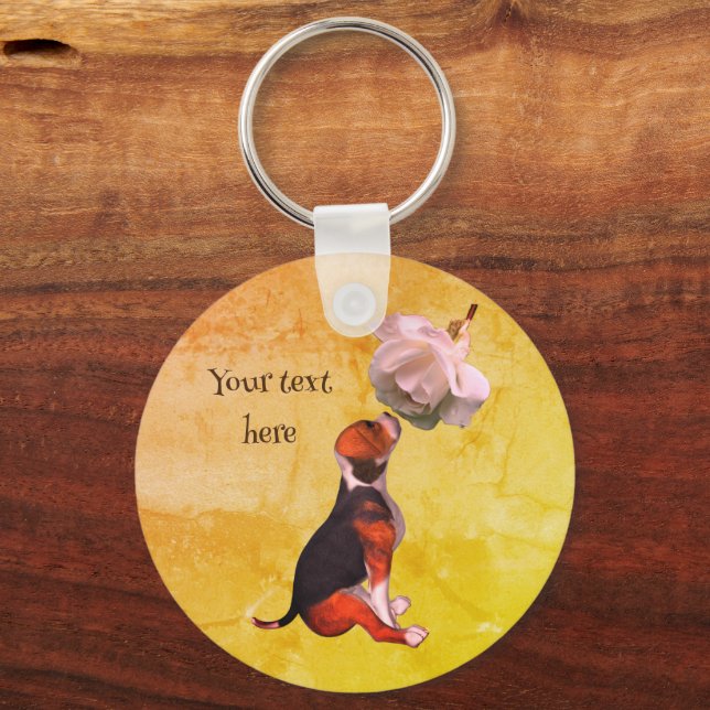 Beagle Puppy White Rose Cute Personalized Keychain (Front)