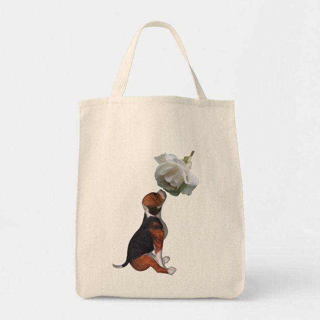 Beagle Puppy White Rose Tote Bag (Front)