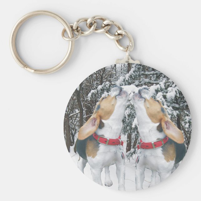 Beagle Pups Howling in the Woods Keychain (Front)