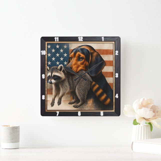 Beagle Raccoon American Flag  Square Wall Clock (Home)