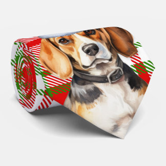 Beagle Red and Green Plaid Holiday Christmas Tie