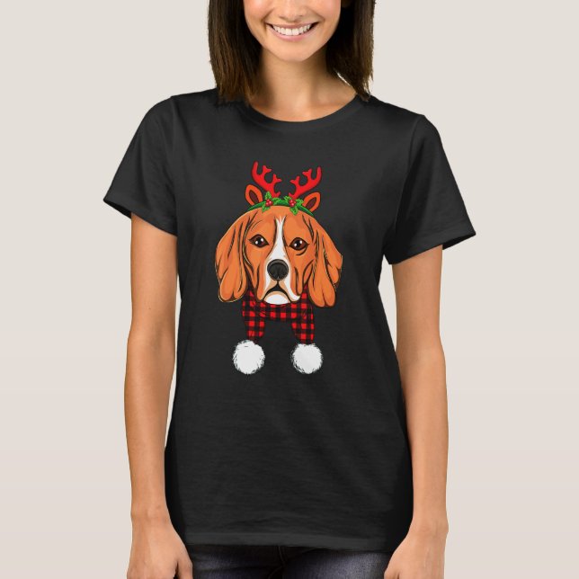 Beagle Red Plaid Pattern Reindeer Antlers T-Shirt (Front)