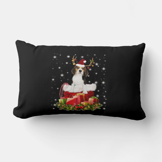 Beagle Reindeer Pressent Christmas Gift Lumbar Pillow (Front)