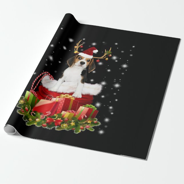 Beagle Reindeer Pressent Christmas Gift Wrapping Paper (Unrolled)